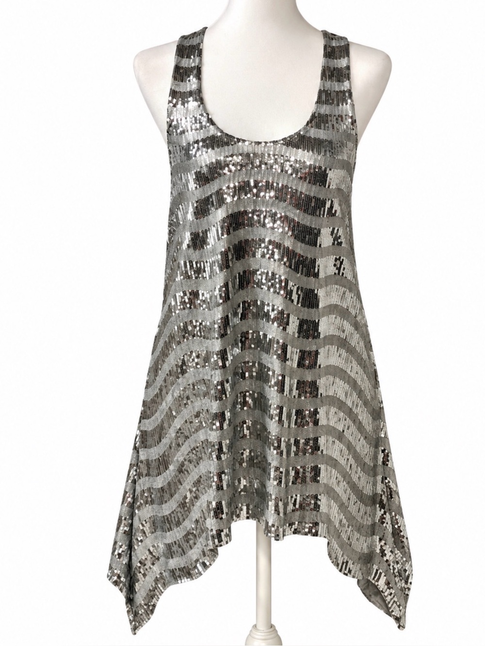 Bebe Silver Sequin Sharkbite Handkerchief Tunic Top S